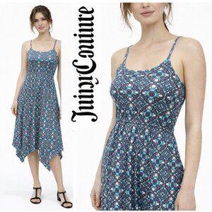 Juicy Couture Blue Tank Dress Stretch Scarf Hem XL Boho Print Sleeveless Summer